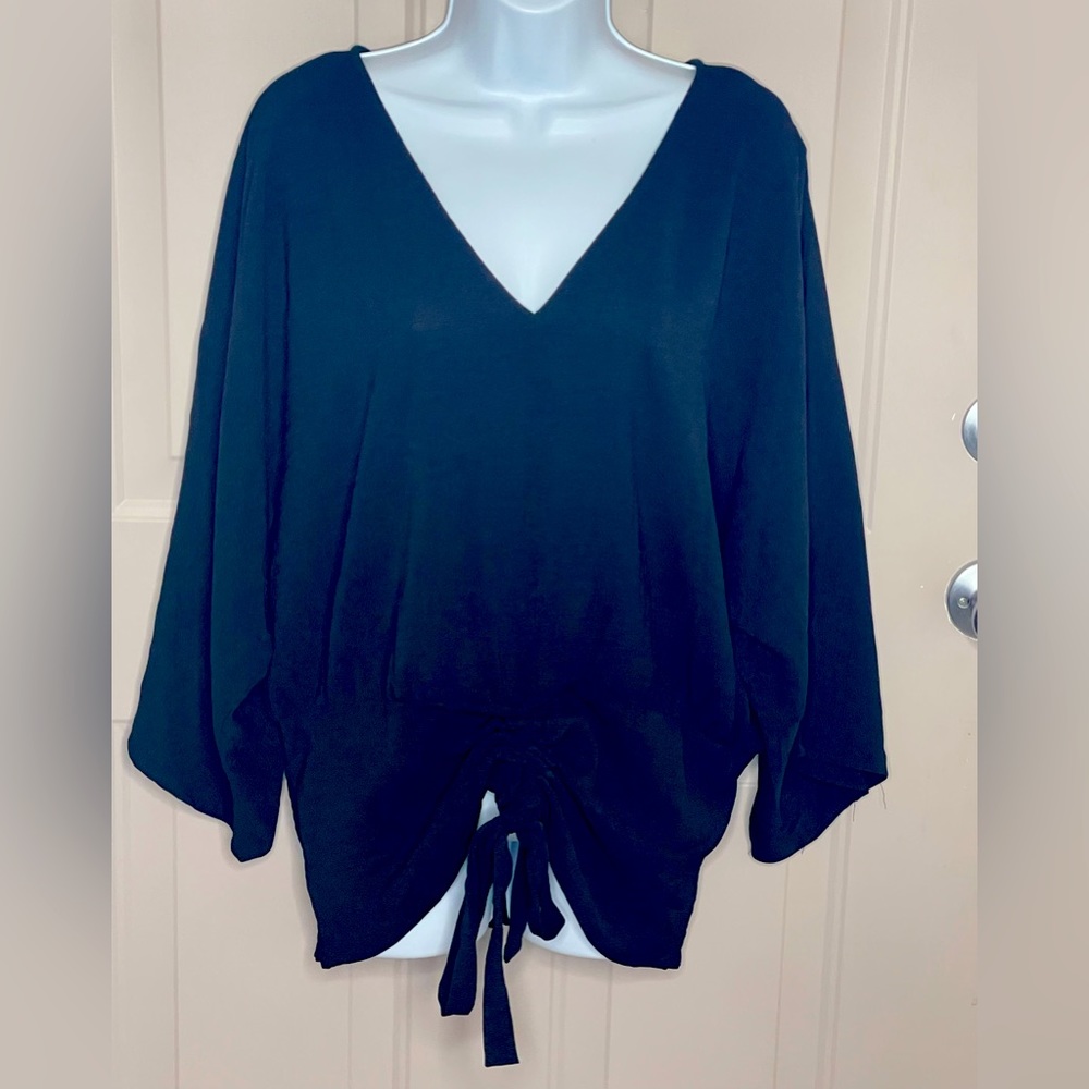 Perfectly Priscilla L dolman sleeve Black Blouse with Ruching